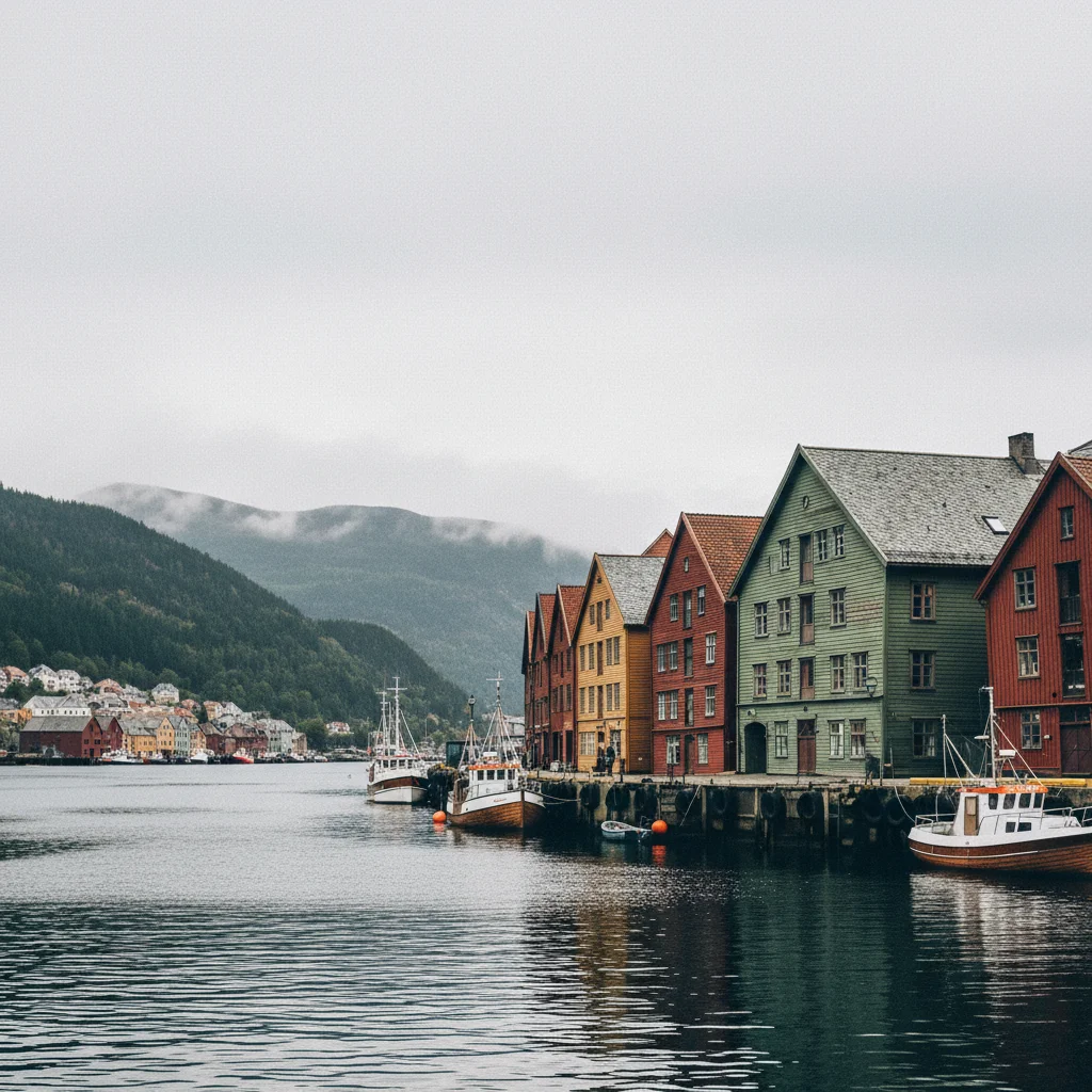 Die bunten Holzhäuser von Bryggen am Hafen von Bergen