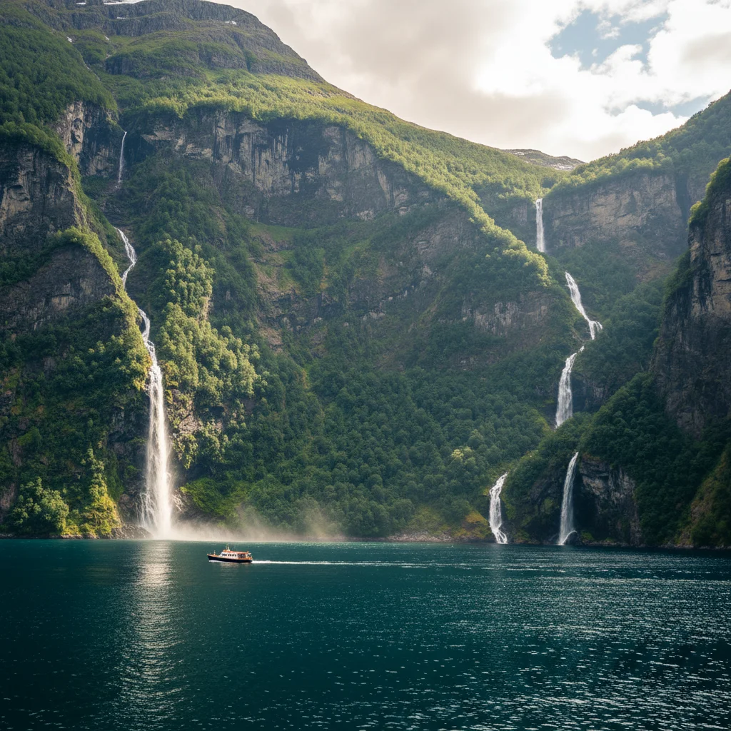 Der Geirangerfjord mit steilen Felswänden und Wasserfällen