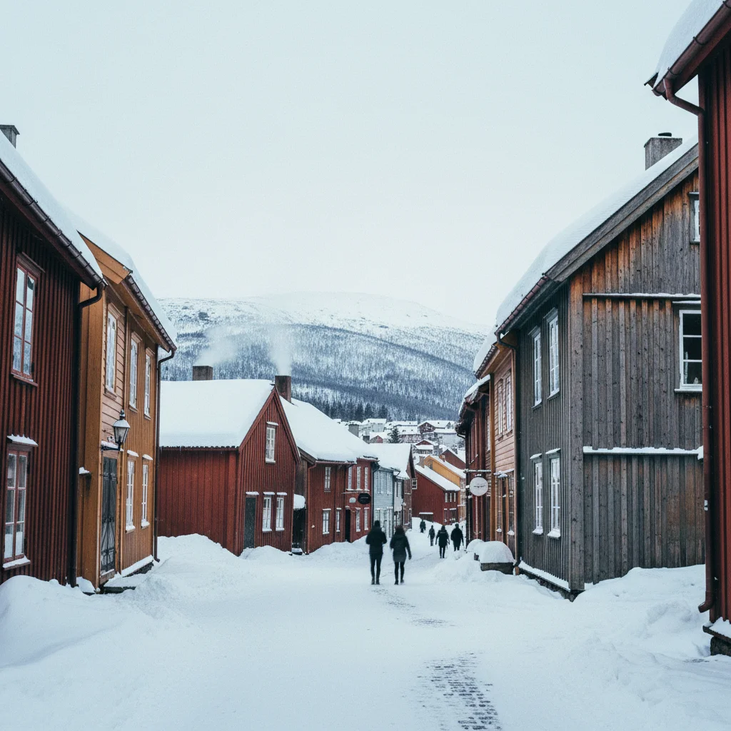 Die historische Bergbaustadt Røros mit ihren Holzhäusern im Winter