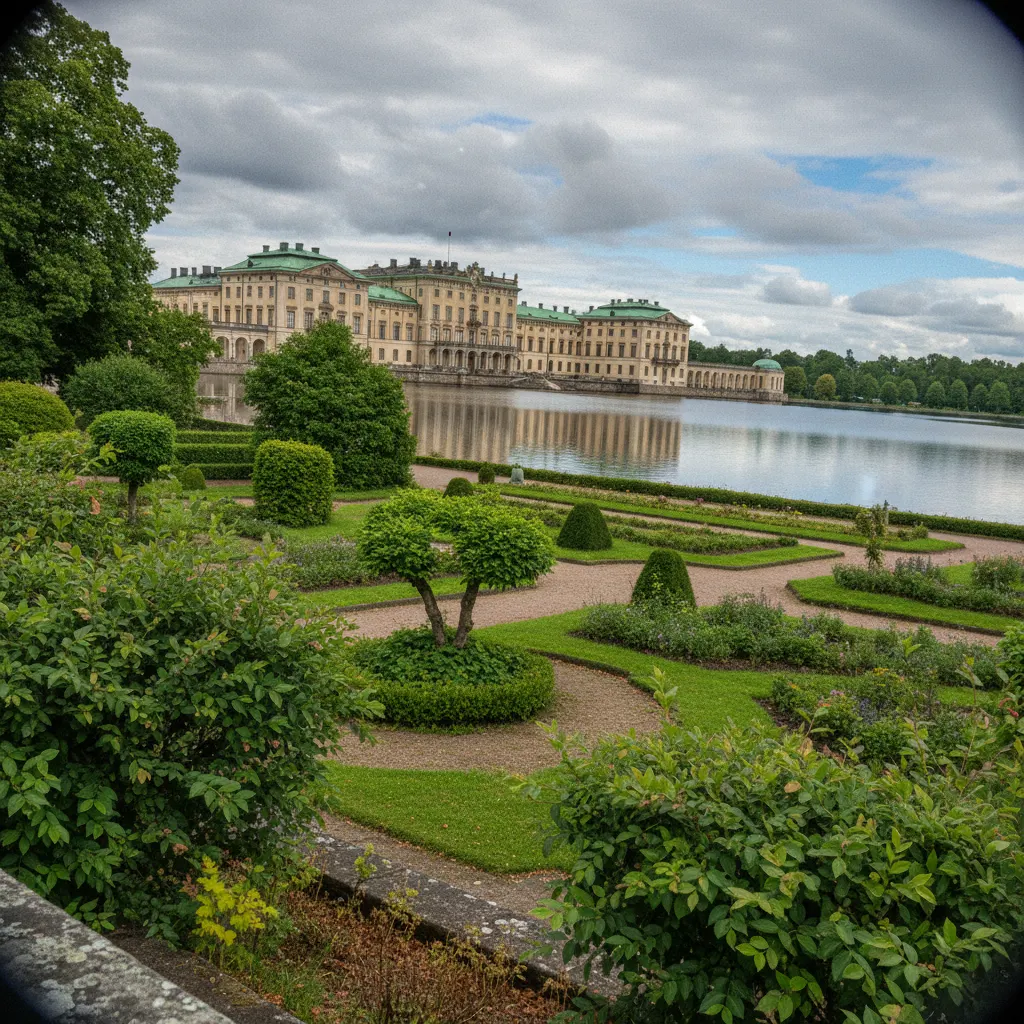 Schloss Drottningholm mit Barockgarten und Wasserspiel im Sommer