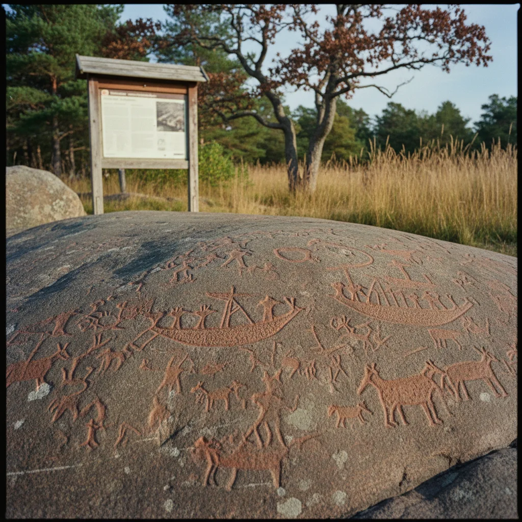 Bronzezeitliche Felsritzungen von Tanum in Bohuslän mit roten Markierungen