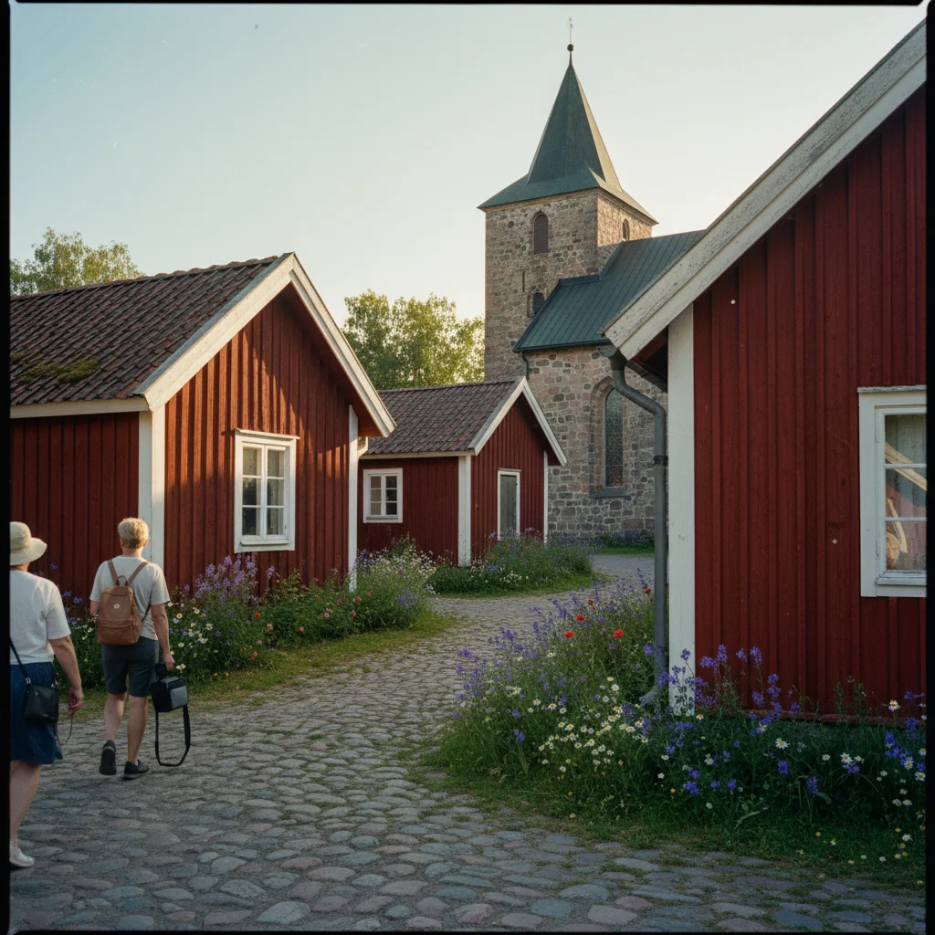 Die Kirchenstadt Gammelstad bei Luleå mit roten Holzhäusern um die Steinkirche