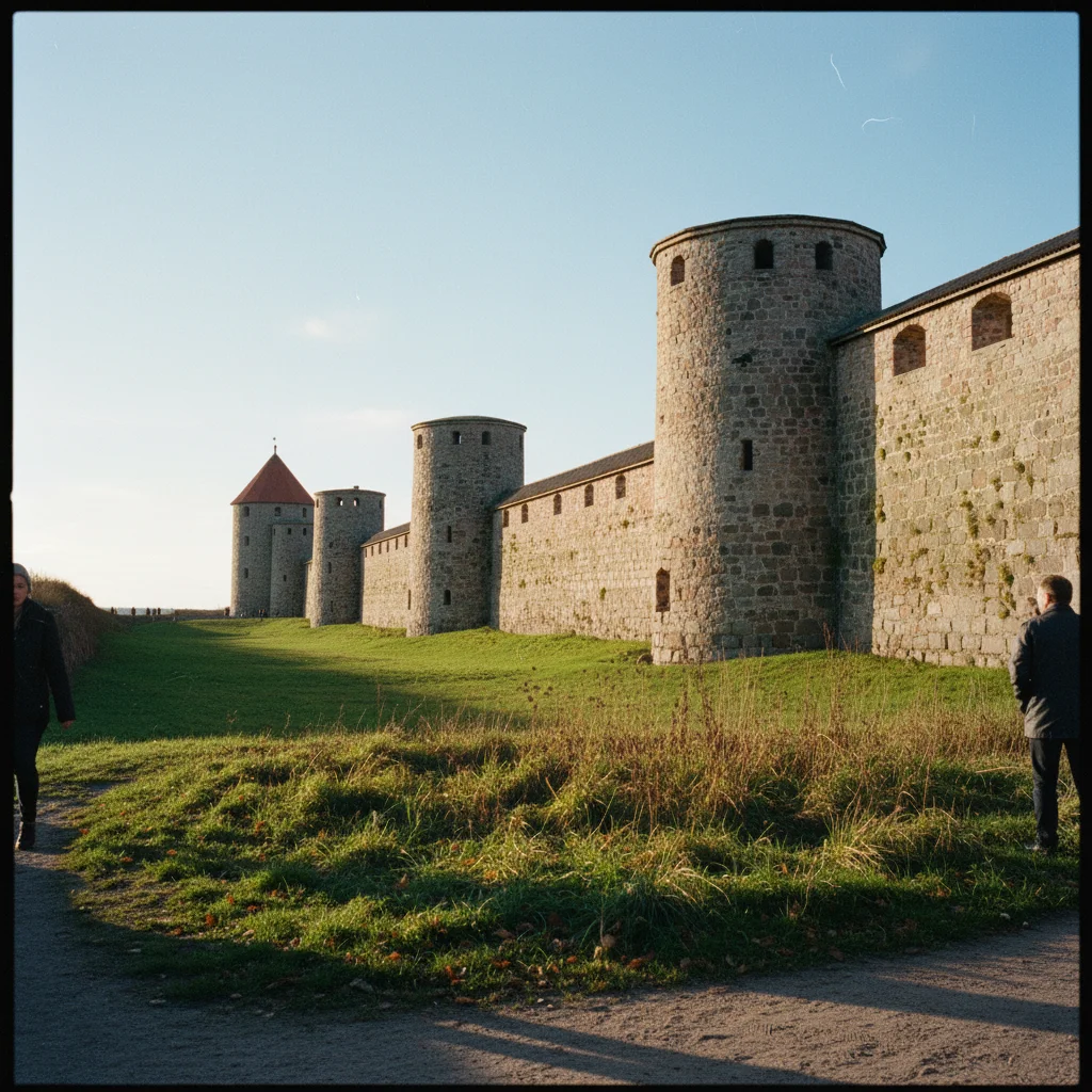 Die mittelalterliche Ringmauer von Visby auf Gotland mit Türmen und Blick auf die Altstadt