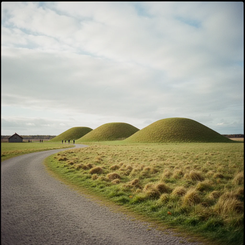 Die drei großen Wikinger-Königsgräber in Gamla Uppsala, grüne Hügel unter blauem Himmel