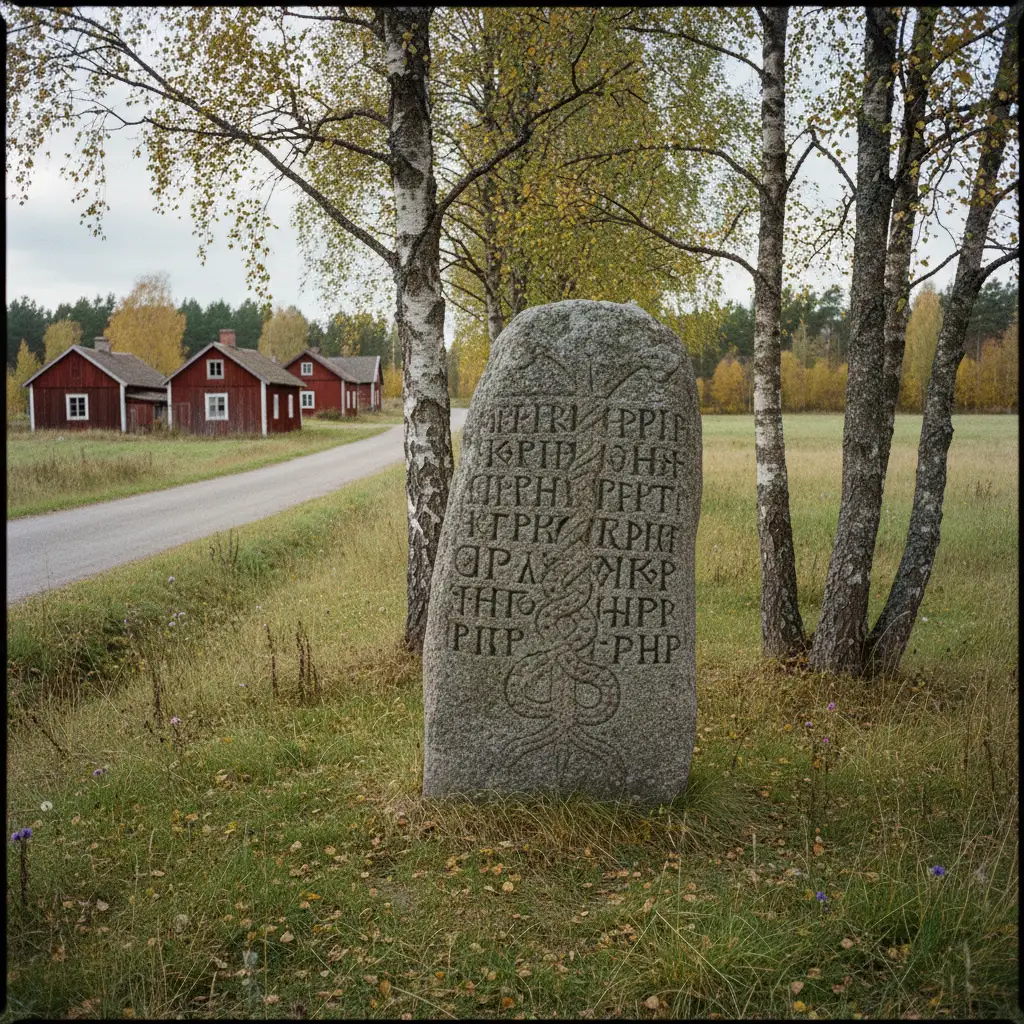 Wikinger-Runenstein in Uppland mit eingeritzten Ornamenten und Runeninschrift, umgeben von Gras