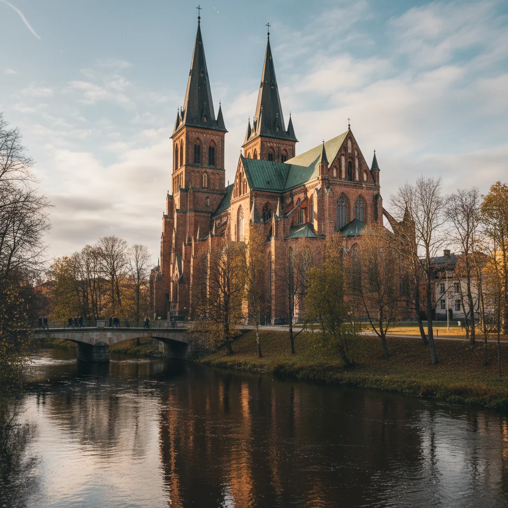 Uppsala Domkyrka, Skandinaviens größte Kathedrale, mit Backsteinfassade und gotischen Türmen