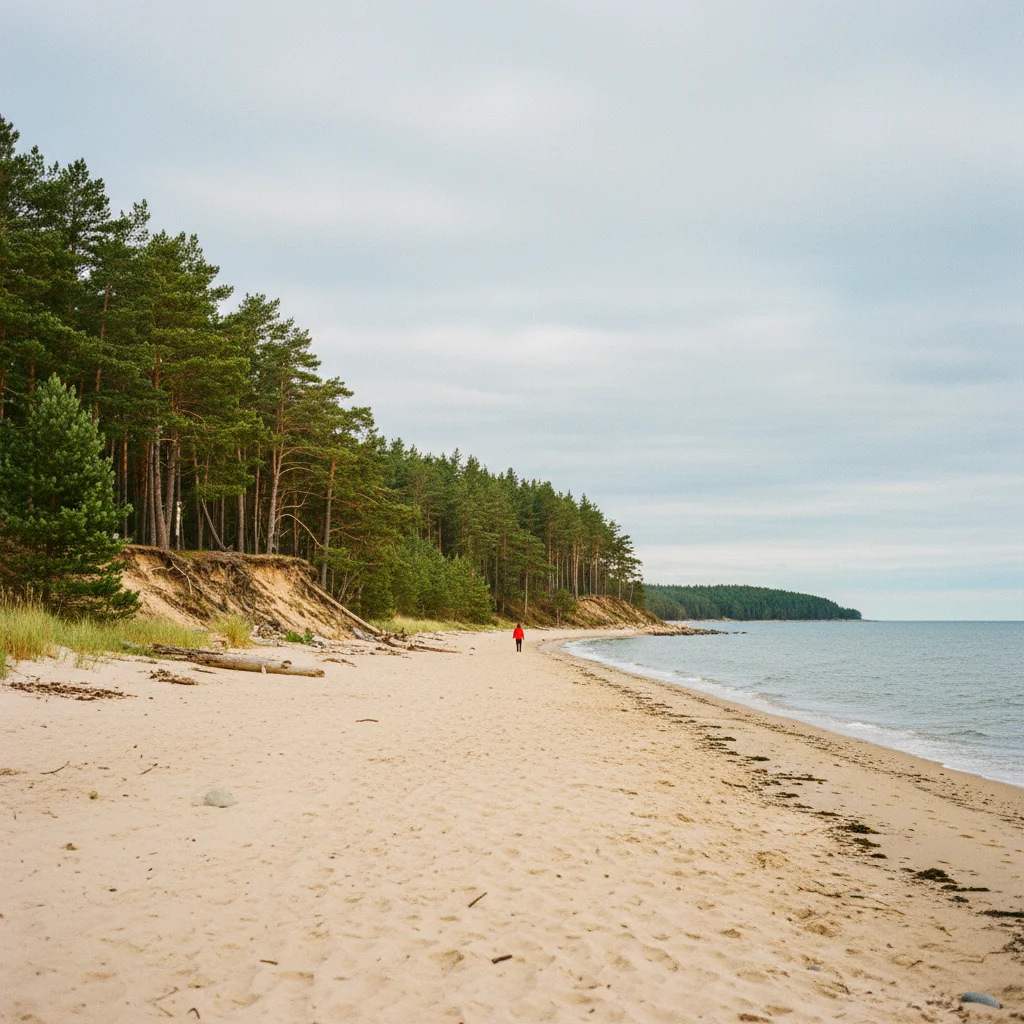 Küstenlandschaft bei Holmsund in Västerbotten mit Sandstrand und Kiefernwald