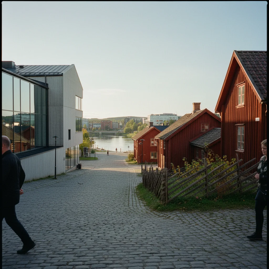 Skellefteå mit dem Sara Kulturhus, einem modernen Holzhochhaus am Fluss