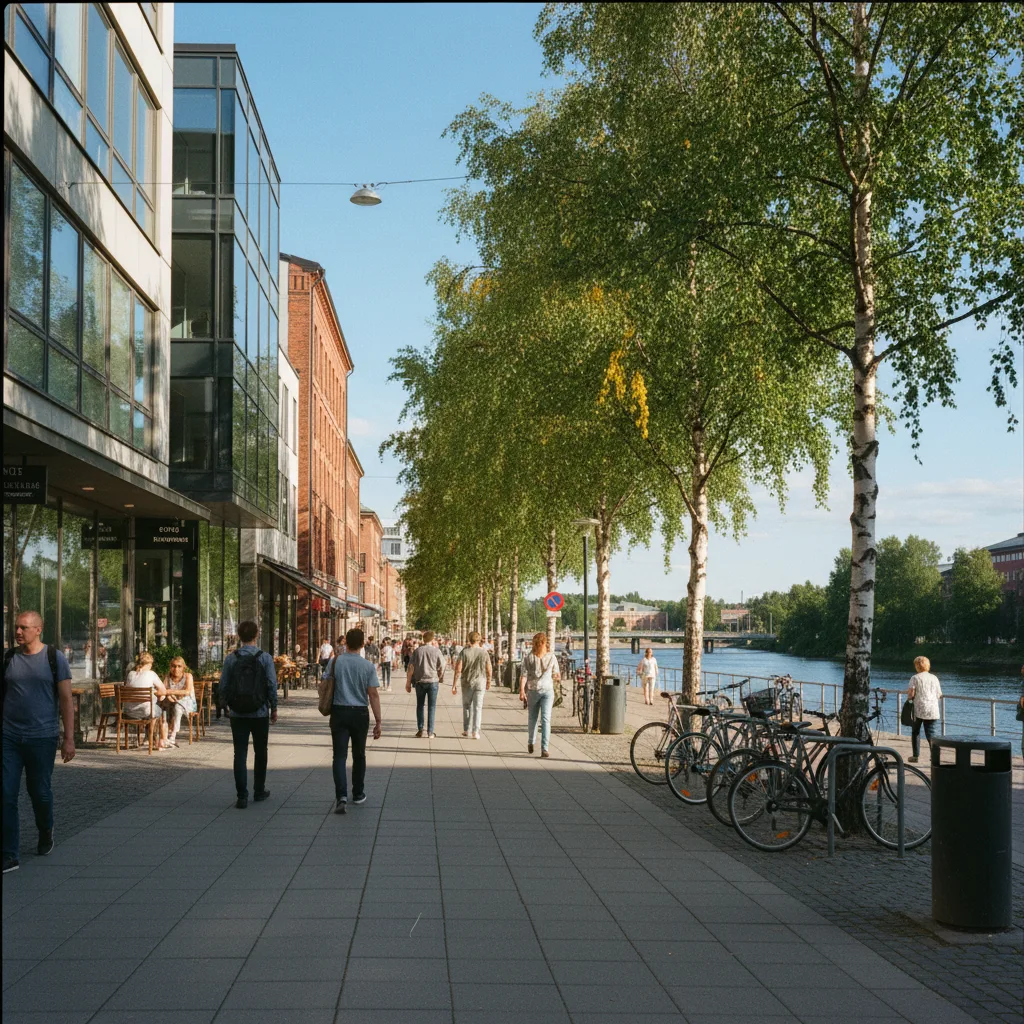 Umeå Stadtzentrum im Sommer mit Birkenalleen und moderner Architektur