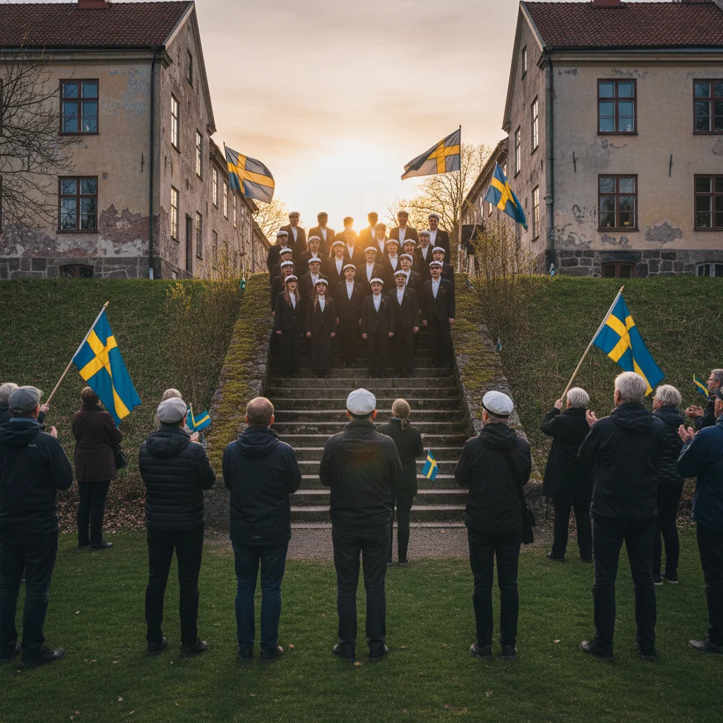 Schwedischer Chor singt Frühlingslieder beim Valborg-Fest im Abendlicht
