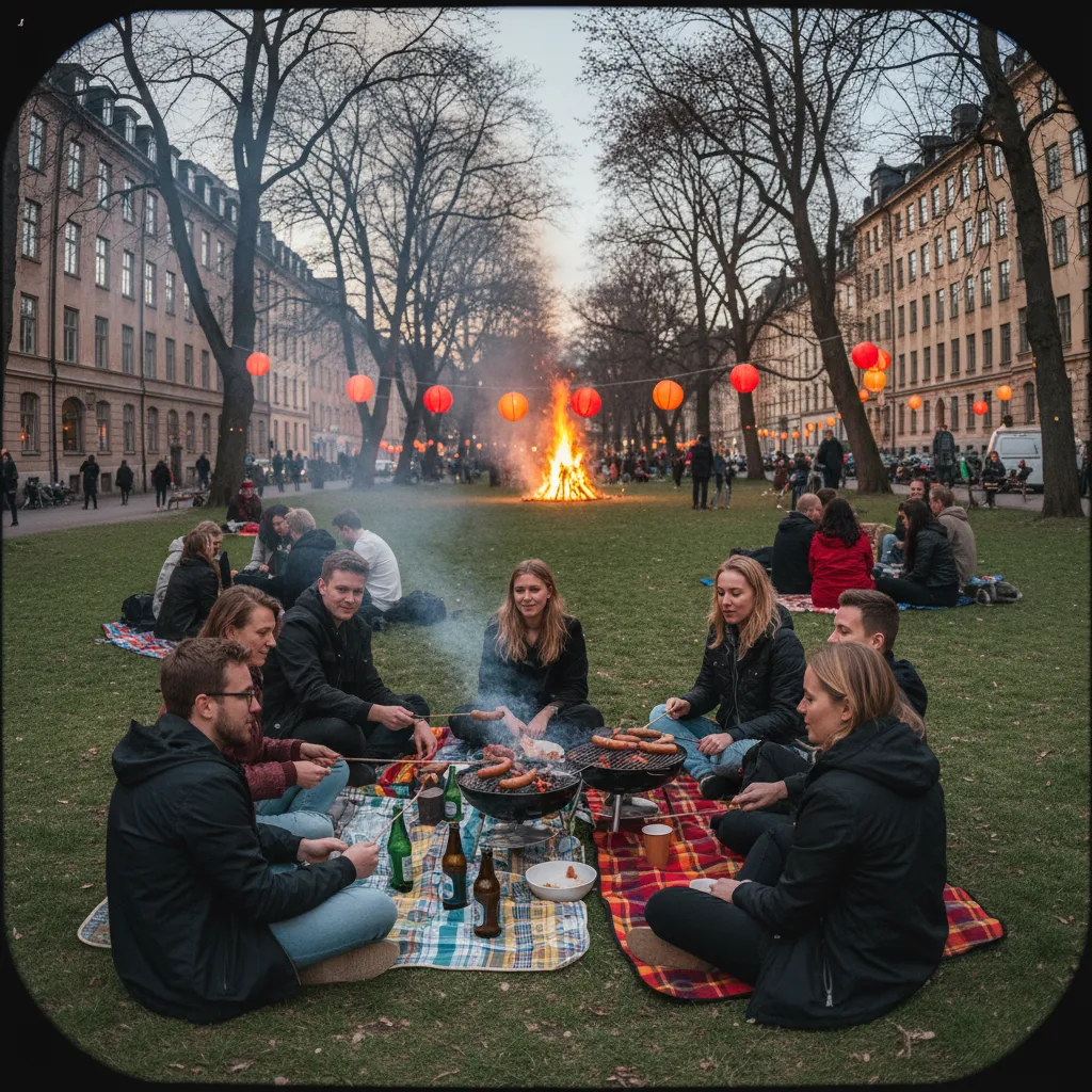 Menschen feiern Valborg am Abend mit Feuer und Lichtern in einer schwedischen Stadt