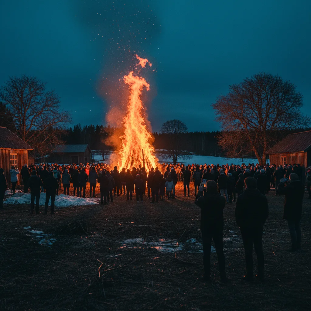 Großes Valborg-Freudenfeuer auf einem Hügel mit Zuschauern in der Abenddämmerung
