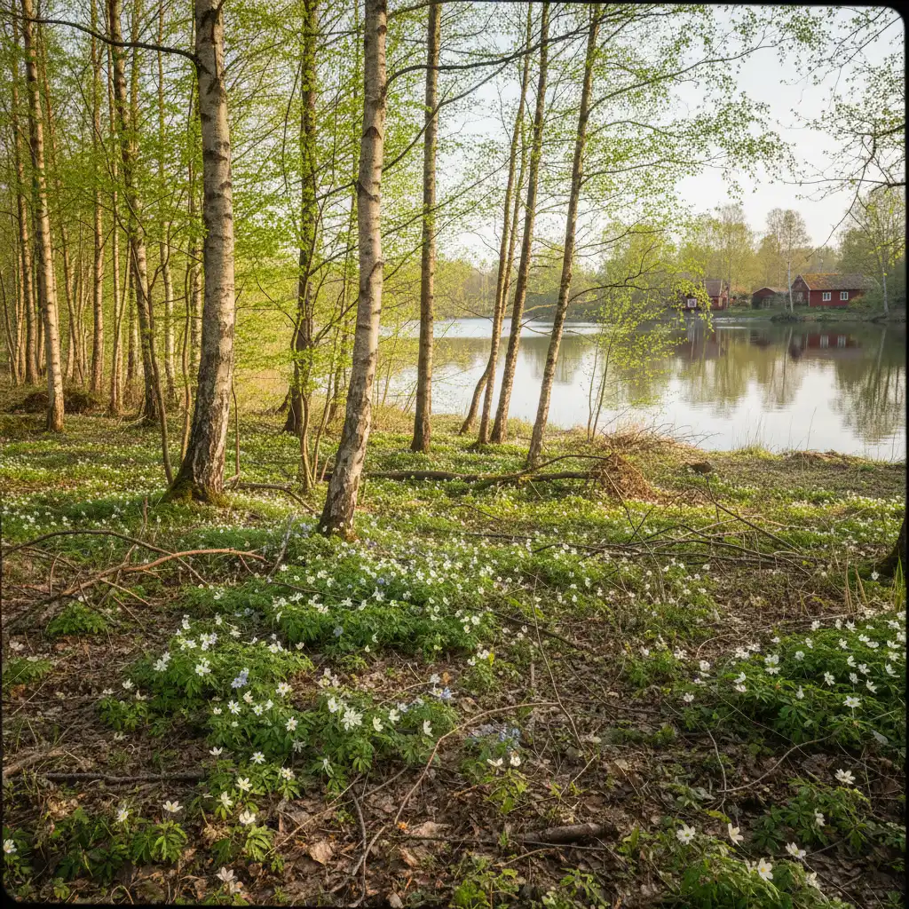 Frühlingslandschaft in Schweden mit blühenden Bäumen und grünen Wiesen
