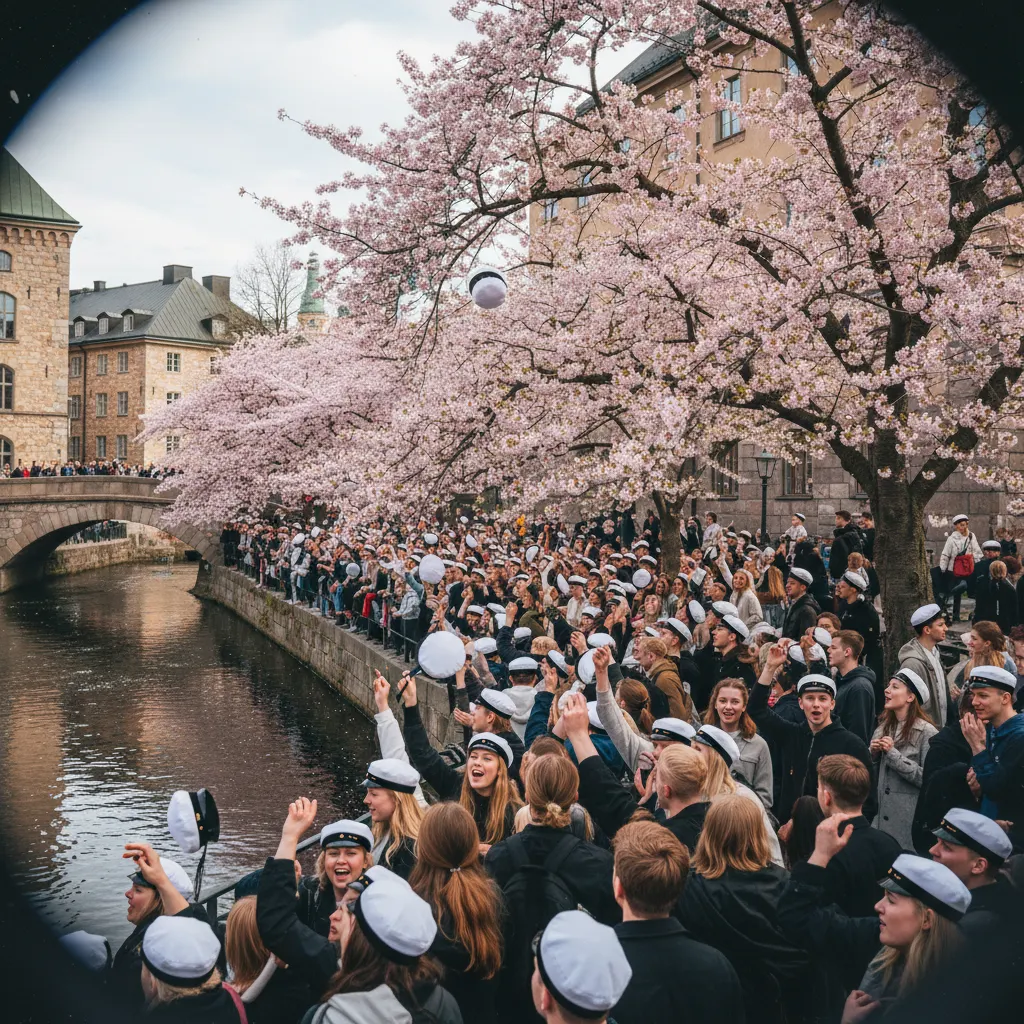 Studenten in Uppsala feiern Valborg mit weißen Mützen und Champagner am Fluss