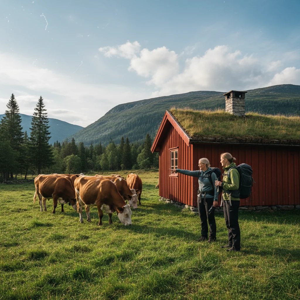 Traditionelle Seter-Alm in Valdres mit Grasdach-Hütten