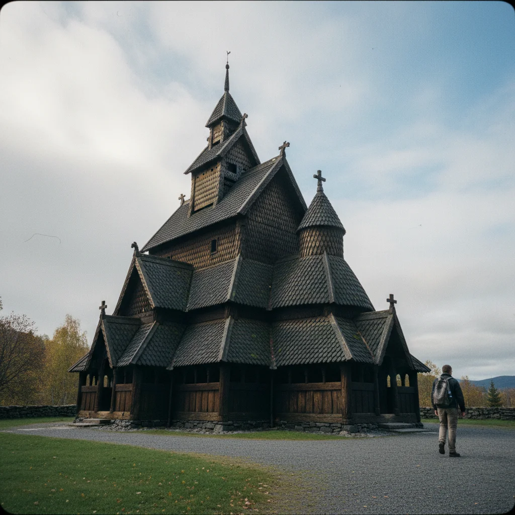 Stabkirche in Valdres mit geschnitzten Drachenköpfen