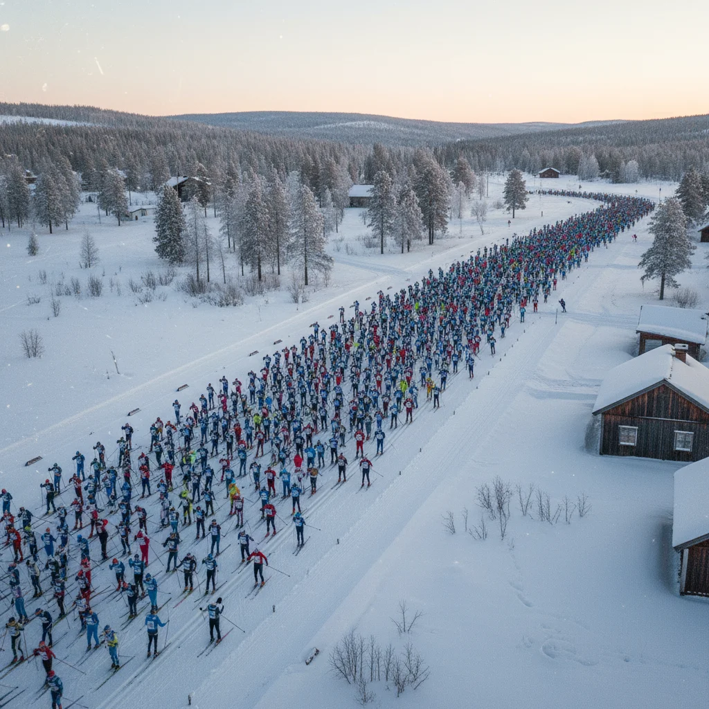 Massenstart des Vasaloppet in Sälen mit tausenden Langläufern auf breiter Schneepiste