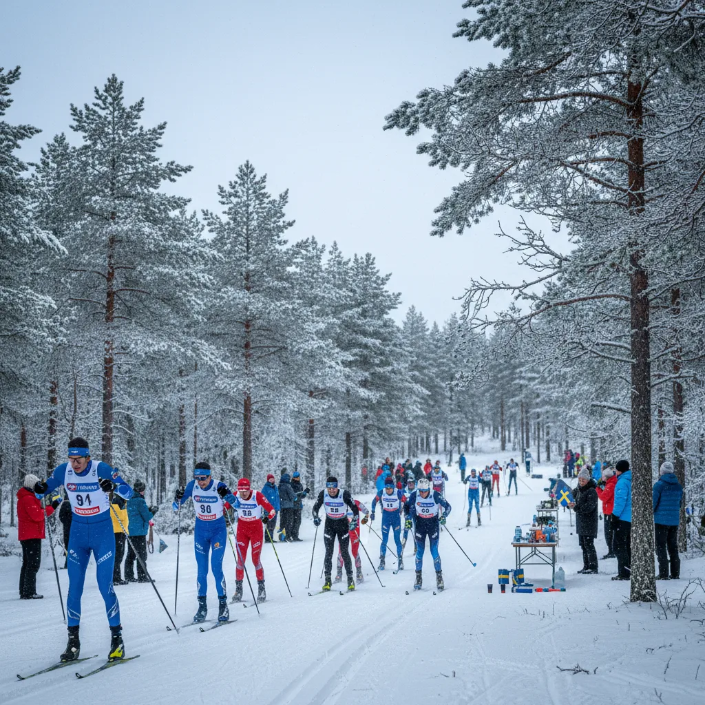 Vasaloppet-Strecke durch verschneiten Nadelwald in Dalarna mit Langläufern in einer Reihe