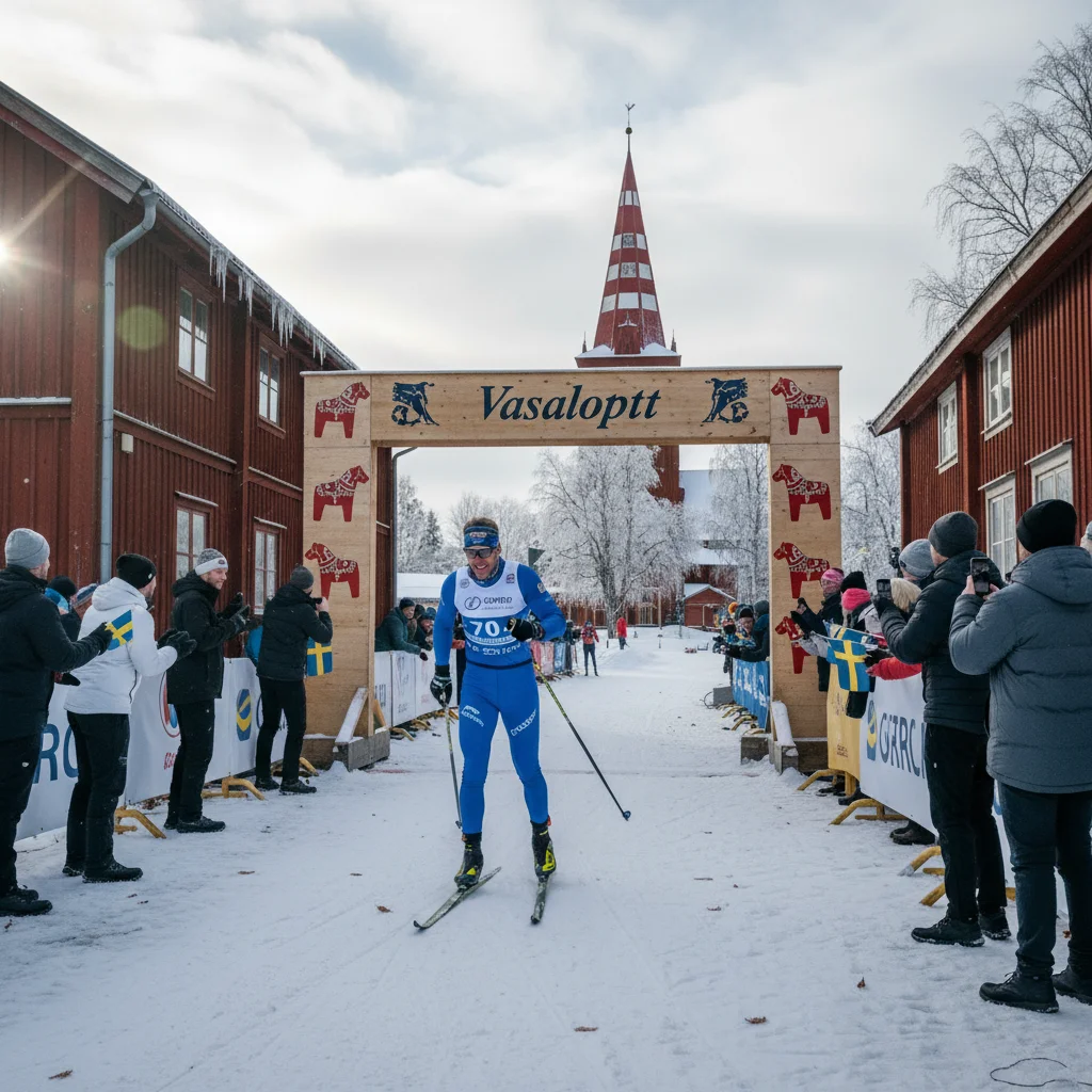 Vasaloppet-Zielbogen in Mora mit jubelnden Zuschauern und einem Finisher auf der Vasagatan