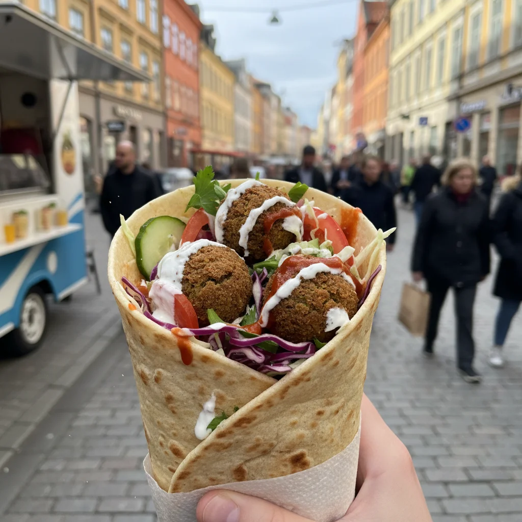 Frische Falafel in einer Rolle mit Gemüse und Soße aus einem Malmöer Imbiss
