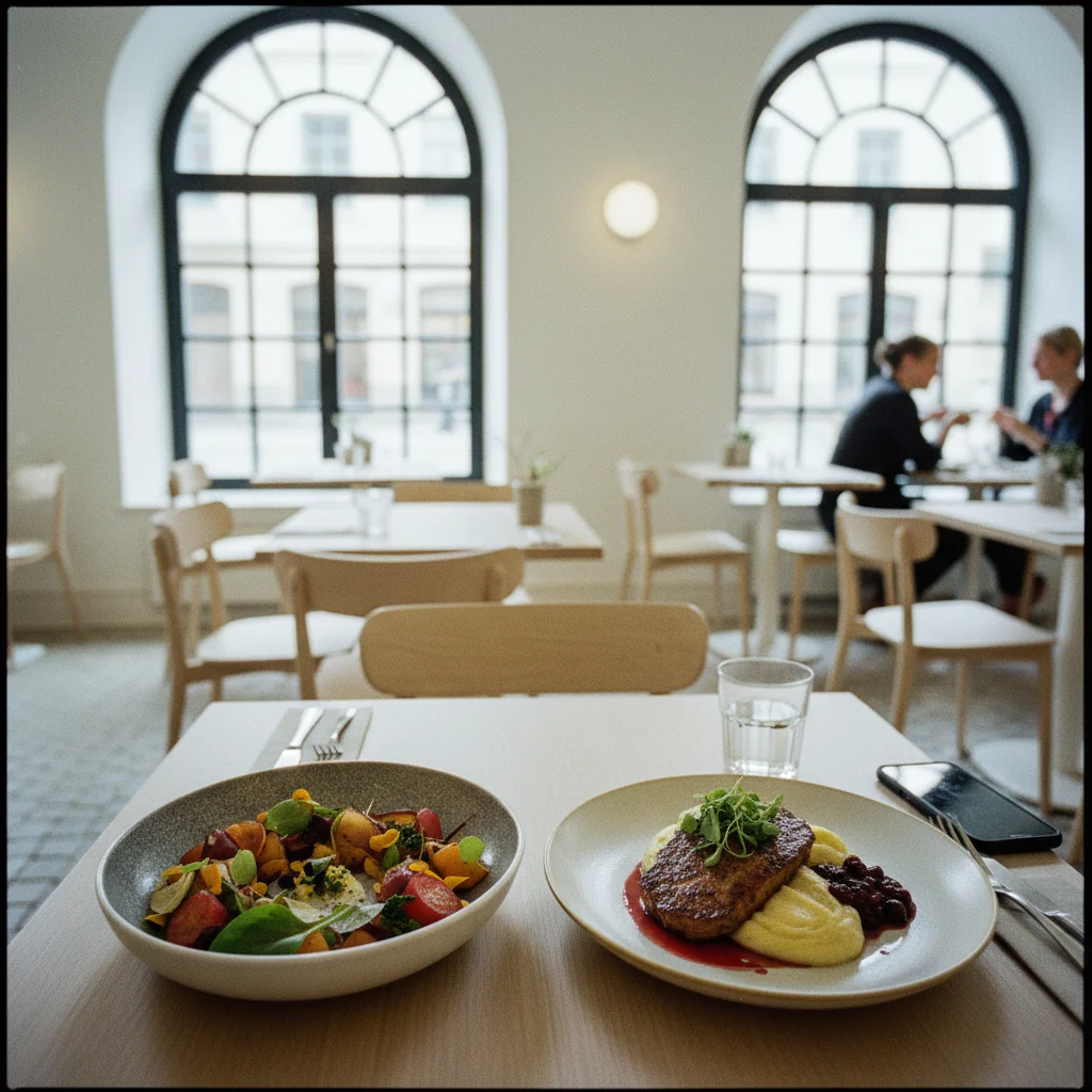 Modernes veganes Restaurant in Stockholm mit stilvoll angerichteten pflanzlichen Gerichten
