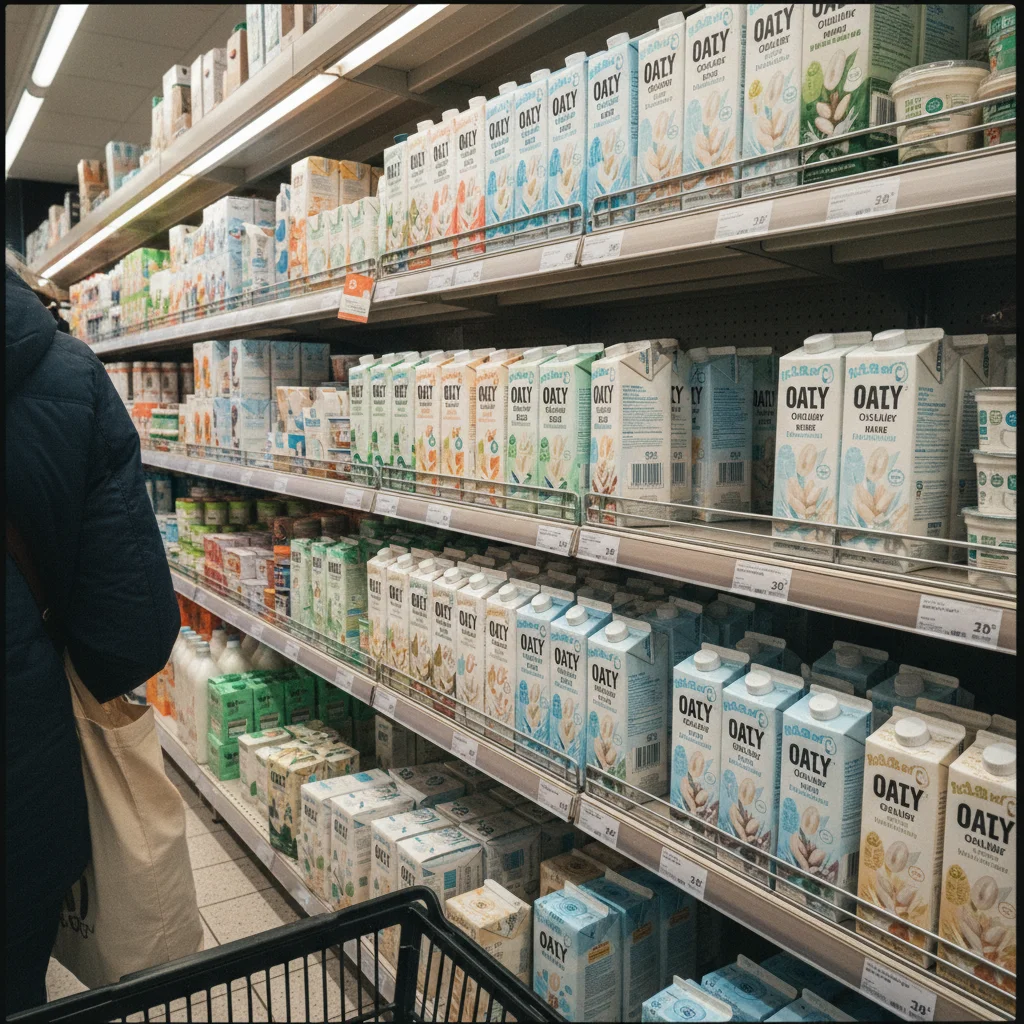 Oatly-Produkte und pflanzliche Alternativen in einem schwedischen Supermarktregal