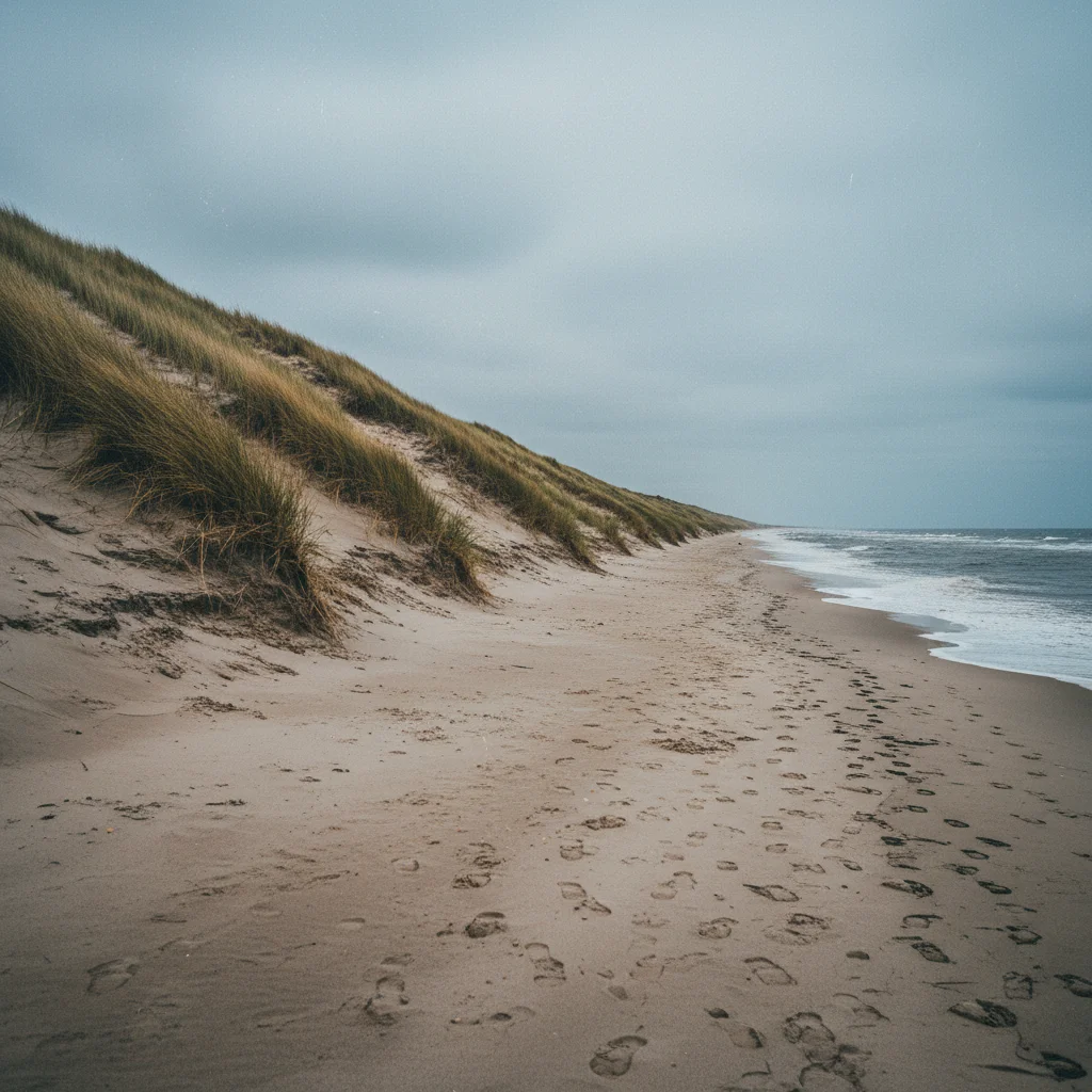 Raue Nordseeküste bei Thy mit hohen Dünen und Strandgras