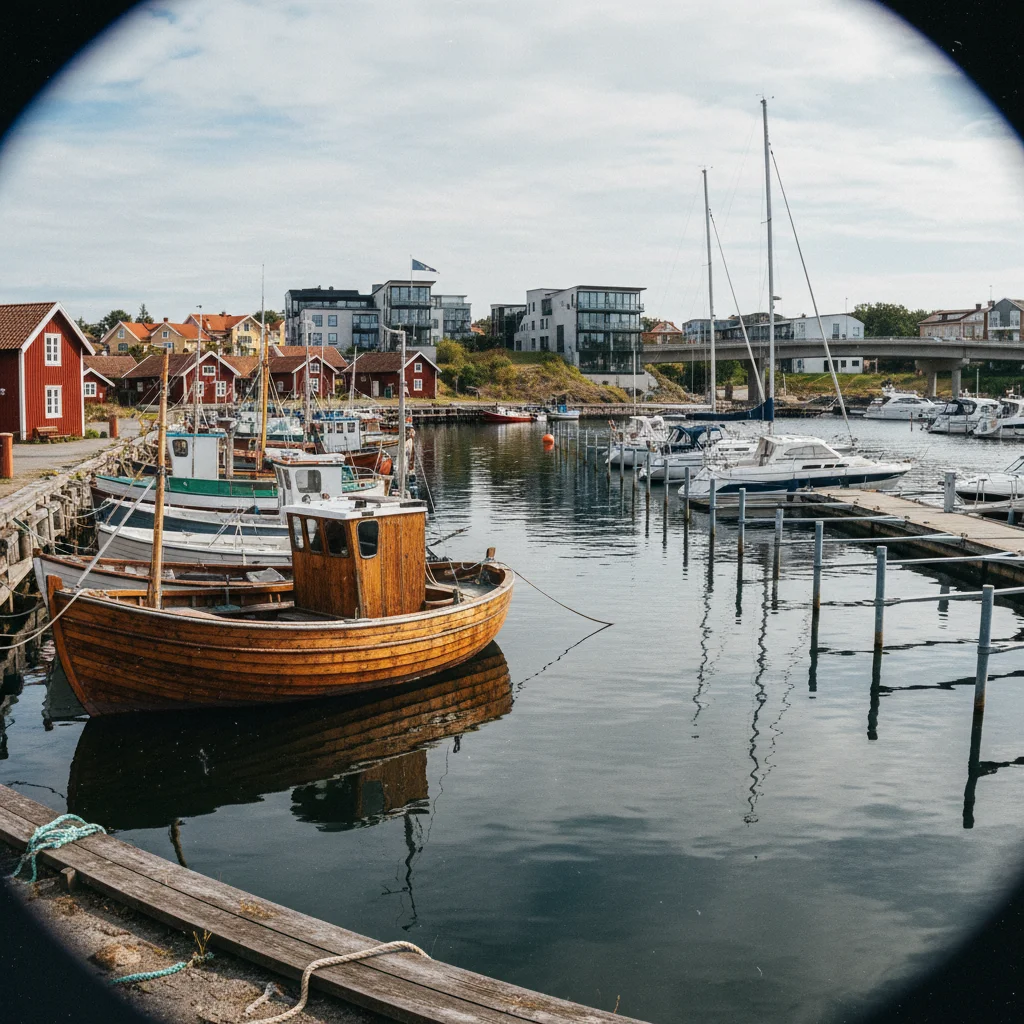 Hurtigruten-Schiff im kleinen Hafen und Kreuzfahrtschiff im großen Hafen