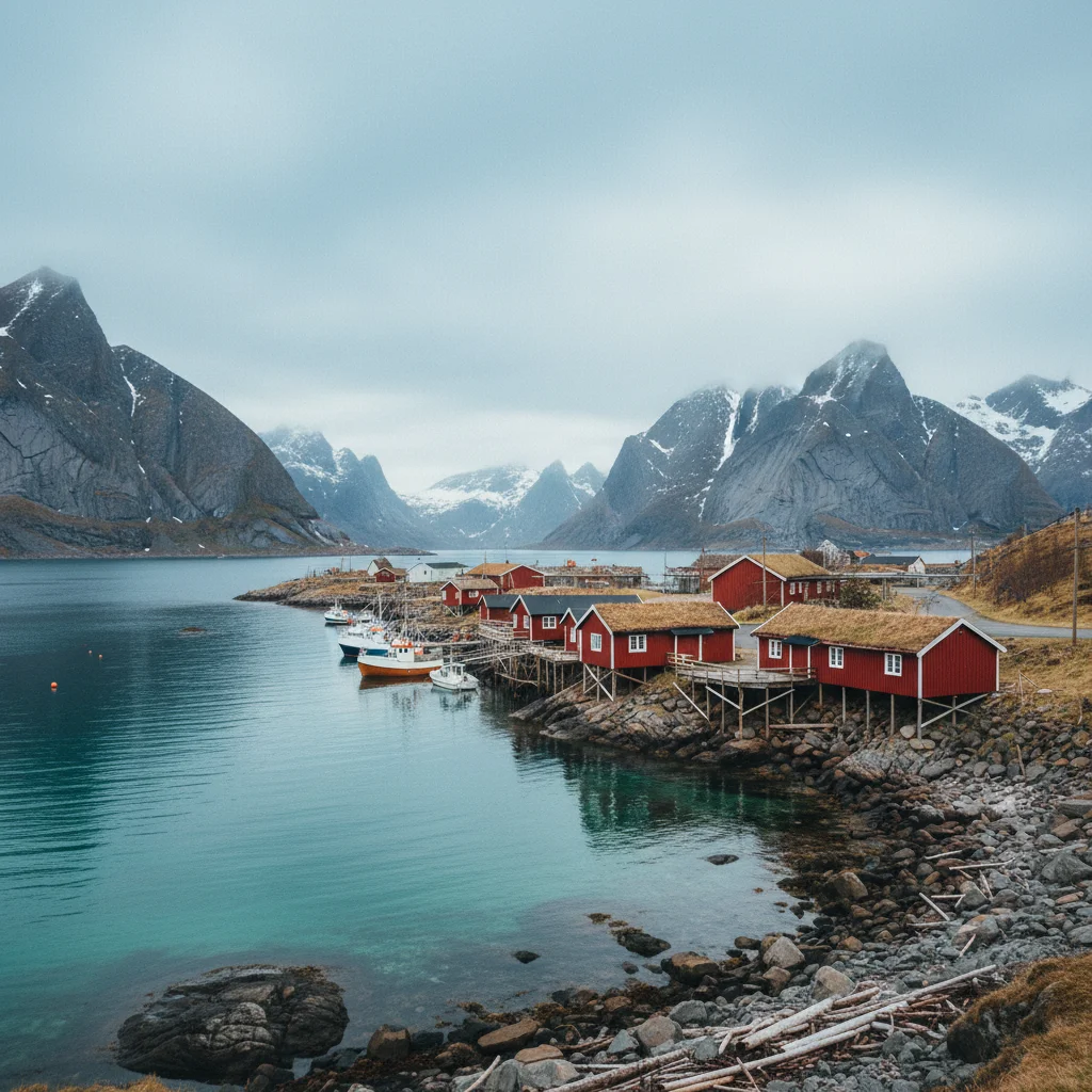Traditionelles Fischerdorf auf den Vesterålen mit roten Rorbu