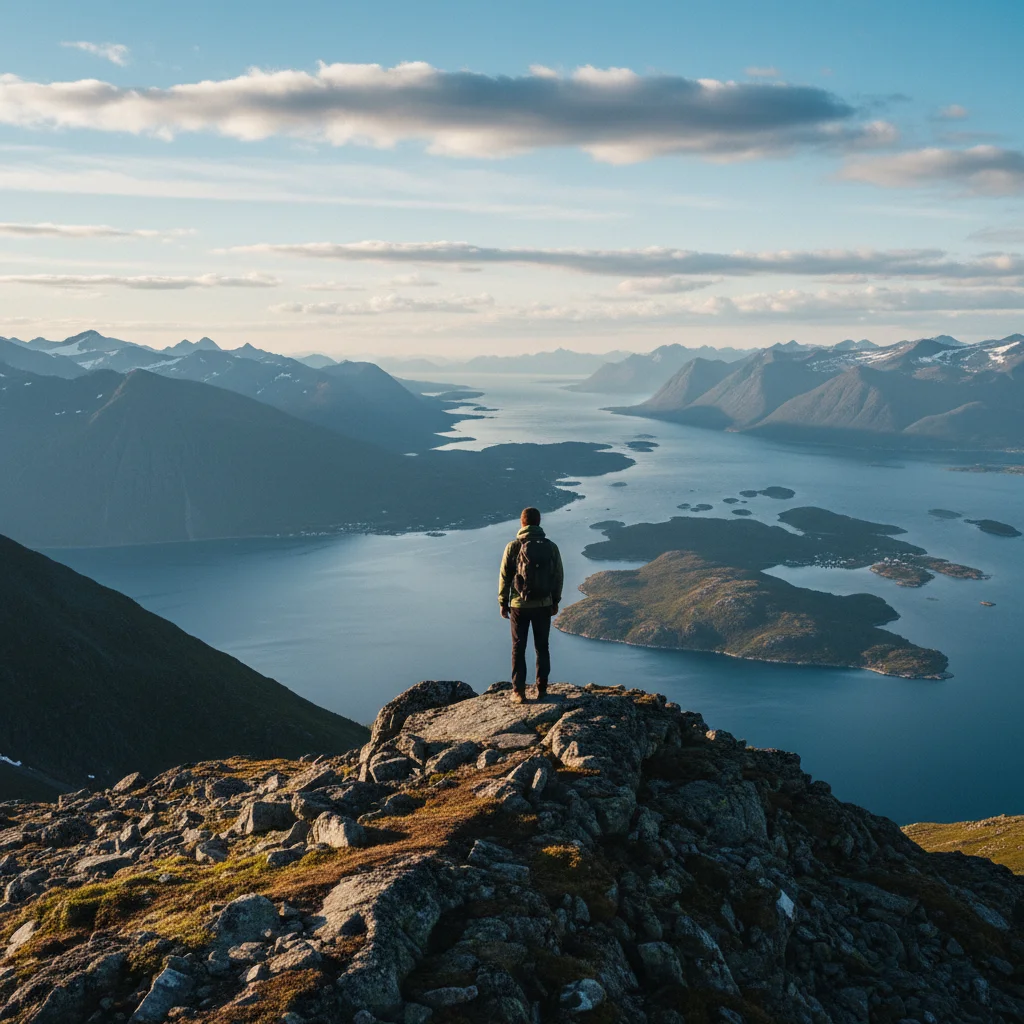 Wanderer auf einem Berggipfel der Vesterålen mit Fjordblick