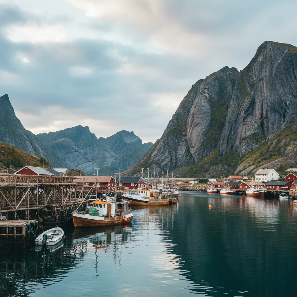 Der Fischereihafen von Ballstad auf Vestvågøy mit Trockengestellen