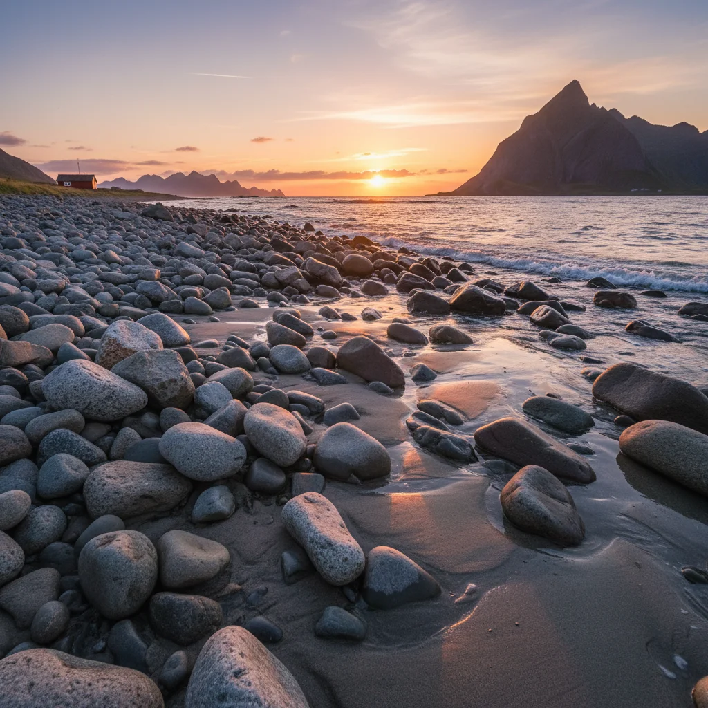 Sonnenuntergang am Uttakleivstrand mit runden Steinen im Vordergrund