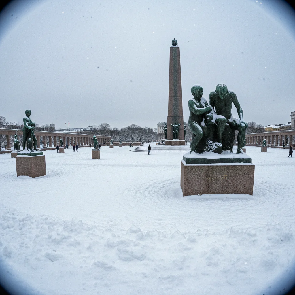 Der Vigeland-Park im Winter mit schneebedeckten Skulpturen