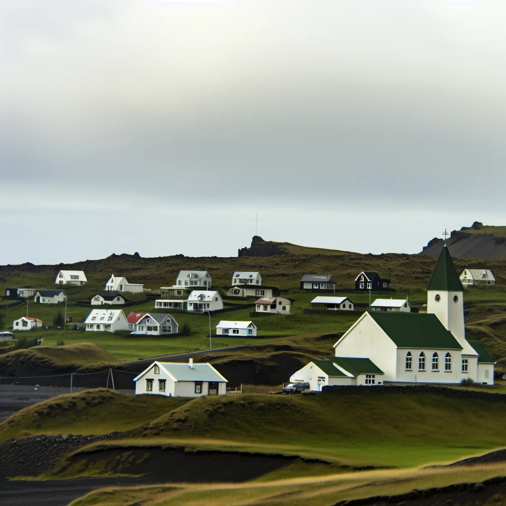 Vík í Mýrdal mit der weißen Kirche auf dem Hügel über dem Dorf