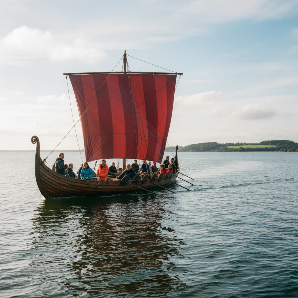 Besucher segeln auf einem Wikingerschiff-Nachbau auf dem Roskilde Fjord
