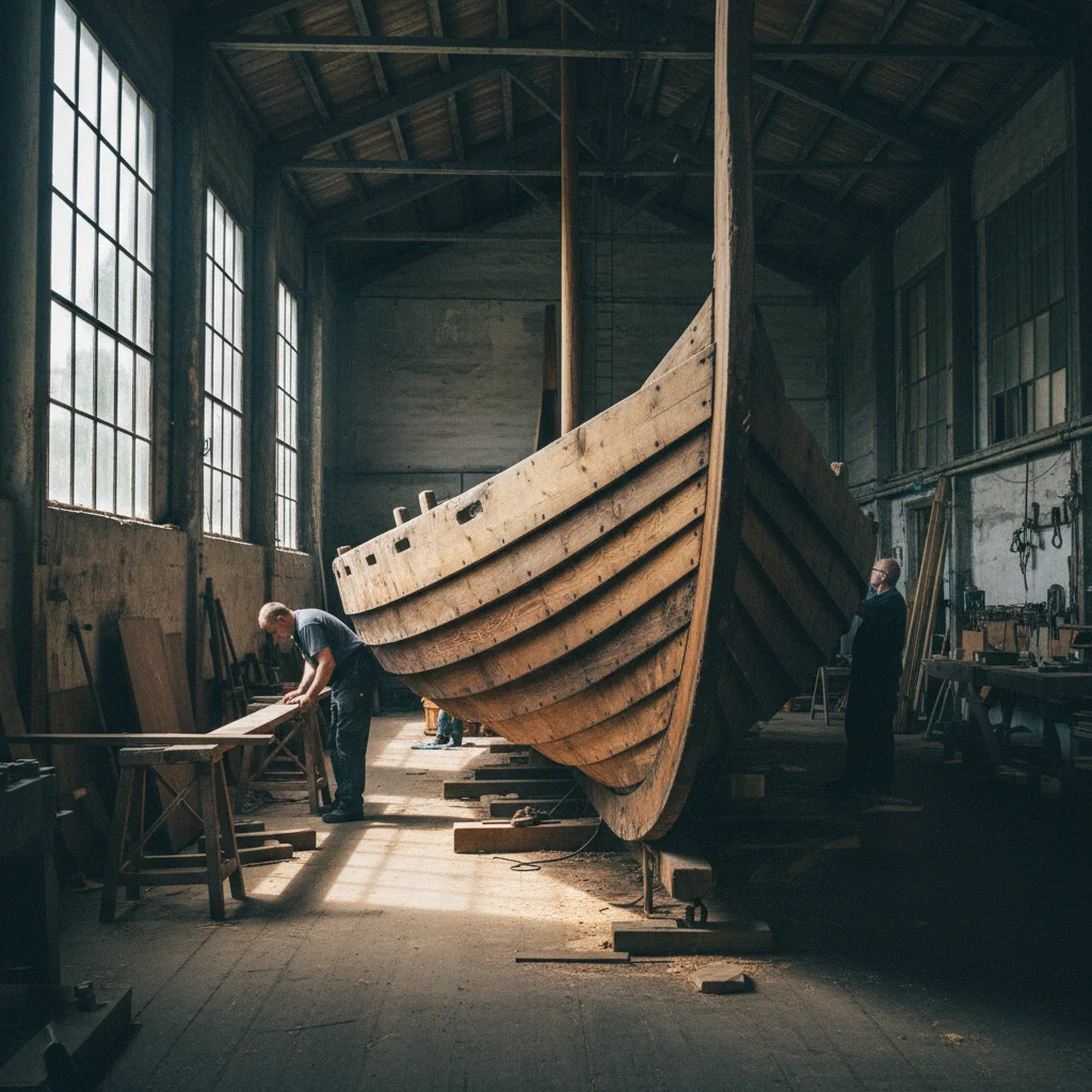 Bootswerft des Wikingerschiffsmuseums in Roskilde mit Schiff im Bau