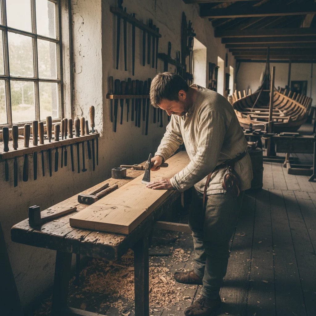 Handwerker in der Werkstatt des Wikingerschiffsmuseums bei der Arbeit mit traditionellem Werkzeug