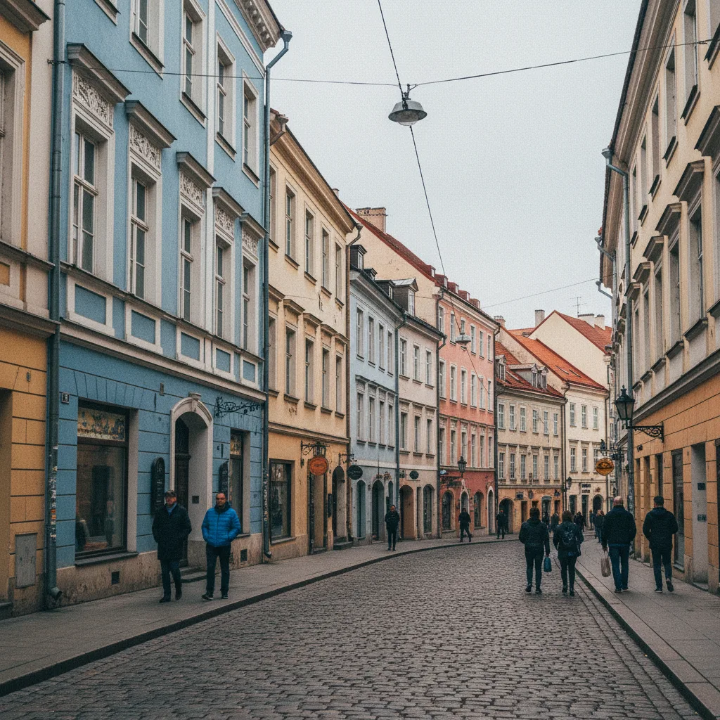 Blick durch die Pilies gatvė in der Altstadt von Vilnius mit barocken Fassaden