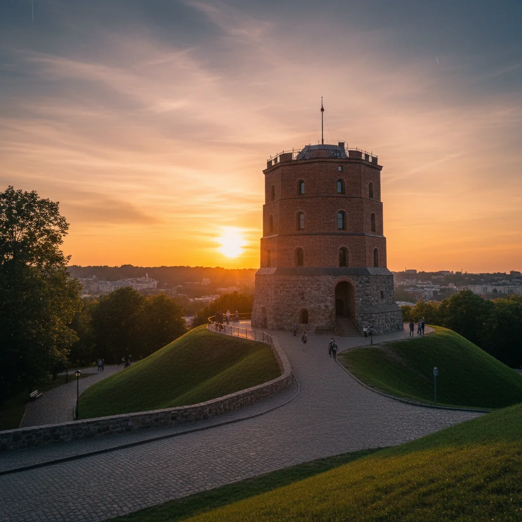 Gediminas-Turm auf dem Burgberg über Vilnius bei Sonnenuntergang