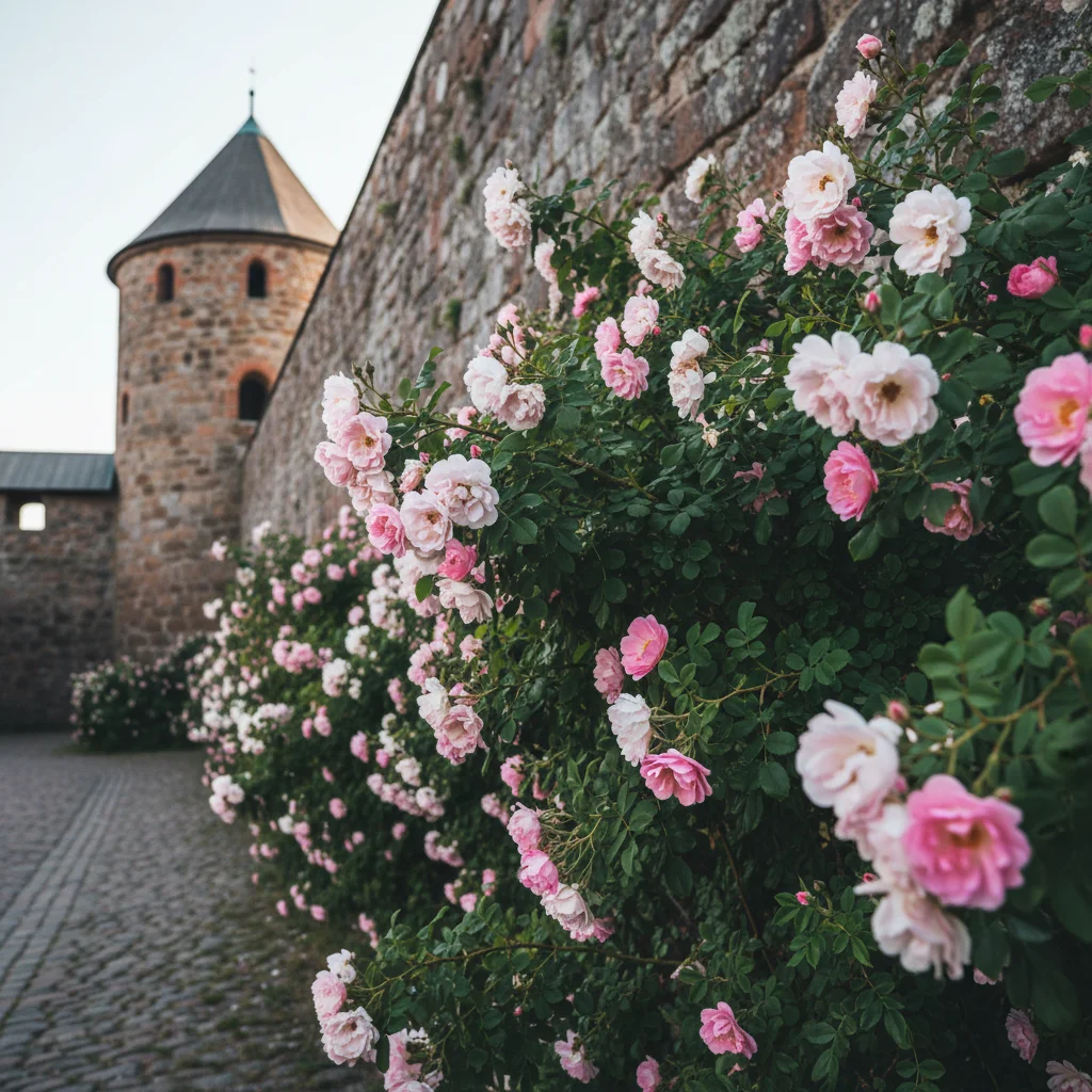 Mittelalterliche Stadtmauer und Rosenblüten in Visby auf Gotland