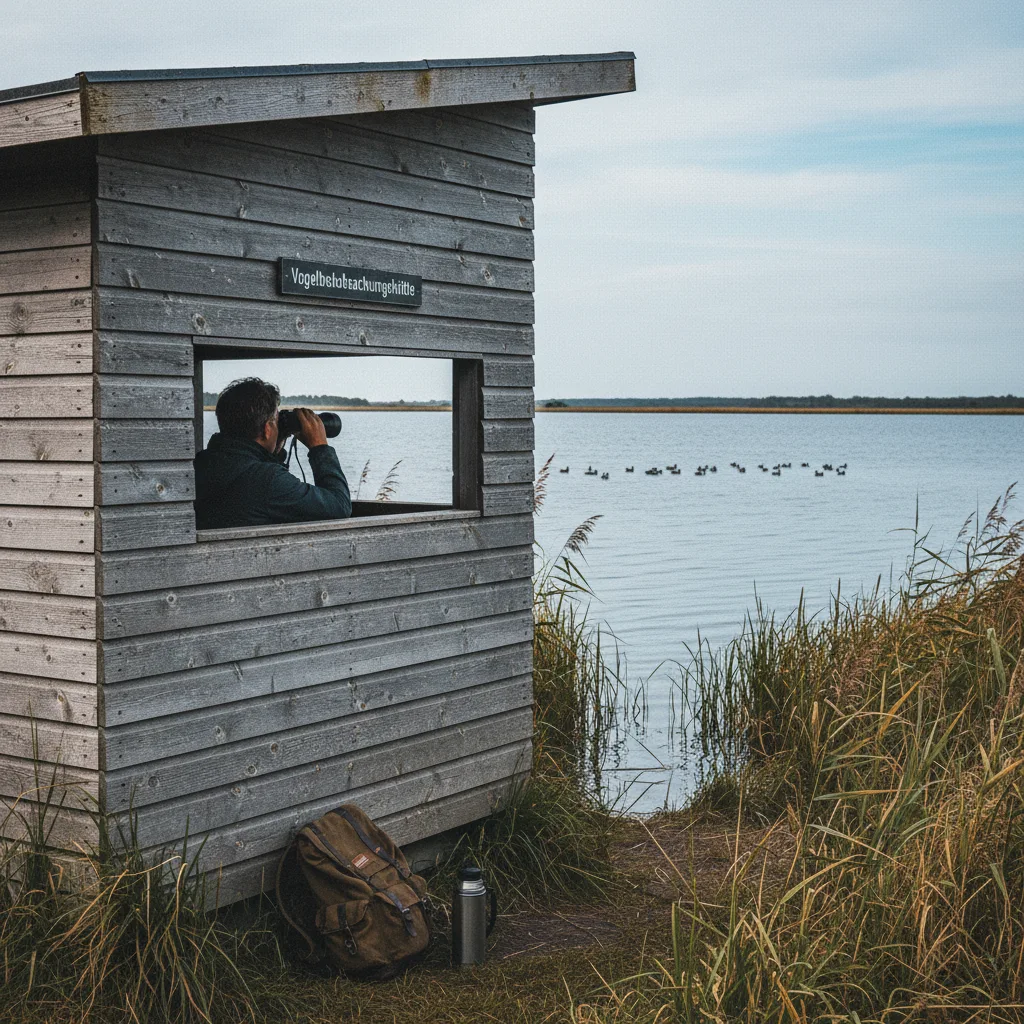 Vogelbeobachtungshütte (Hide) an einem dänischen See mit Fernglas