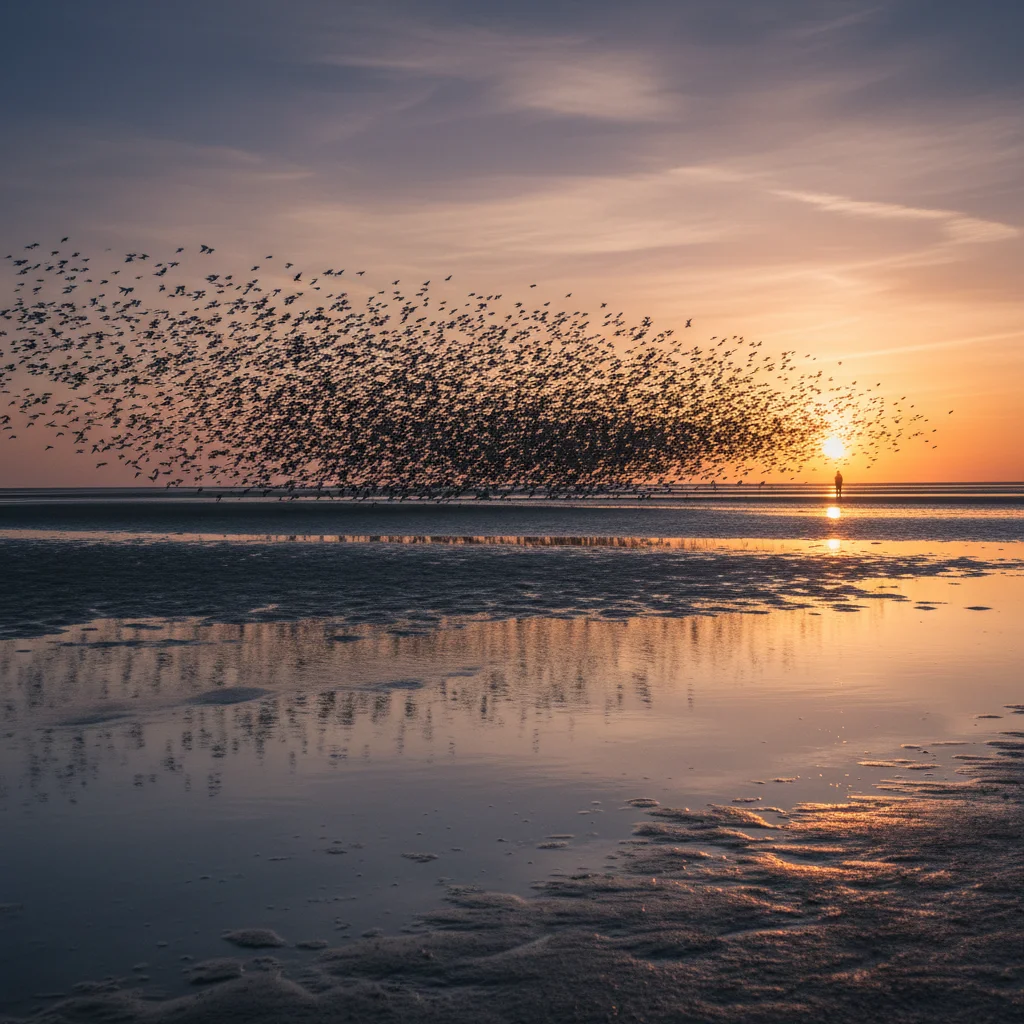 Vogelschwärme über dem dänischen Wattenmeer bei Sonnenuntergang