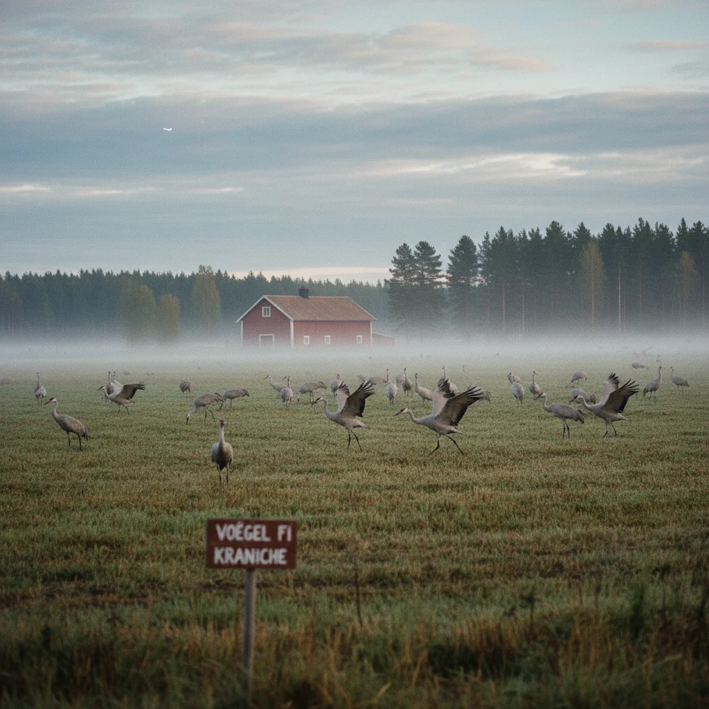Kraniche auf einem finnischen Feld im Herbst