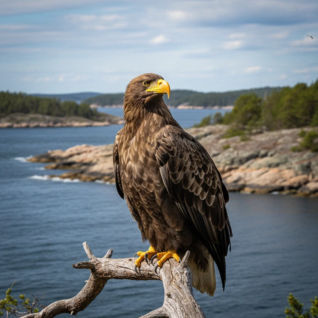 Seeadler im Flug über die finnische Schärenlandschaft
