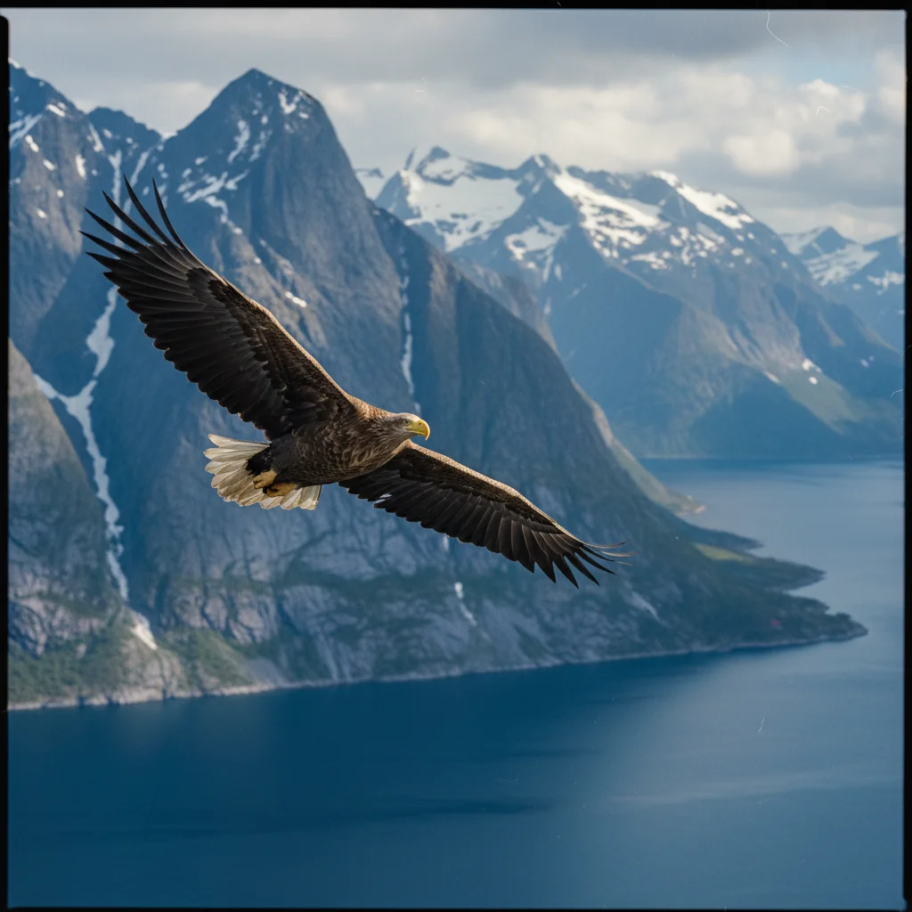 Seeadler greift nach Fisch über einem Fjord auf den Lofoten