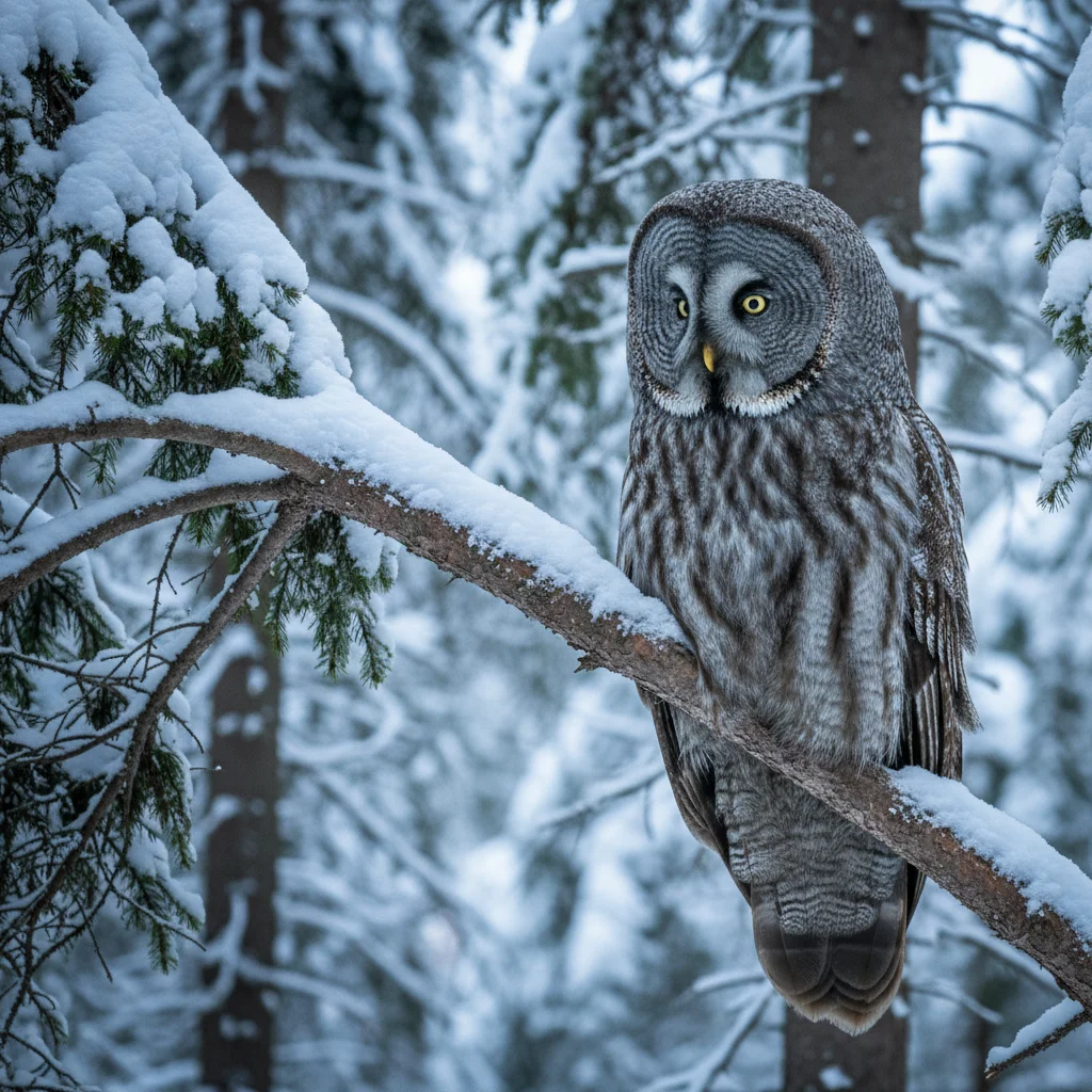 Bartkauz mit großem rundem Gesichtsschleier sitzt auf einem Ast in einem verschneiten Nadelwald