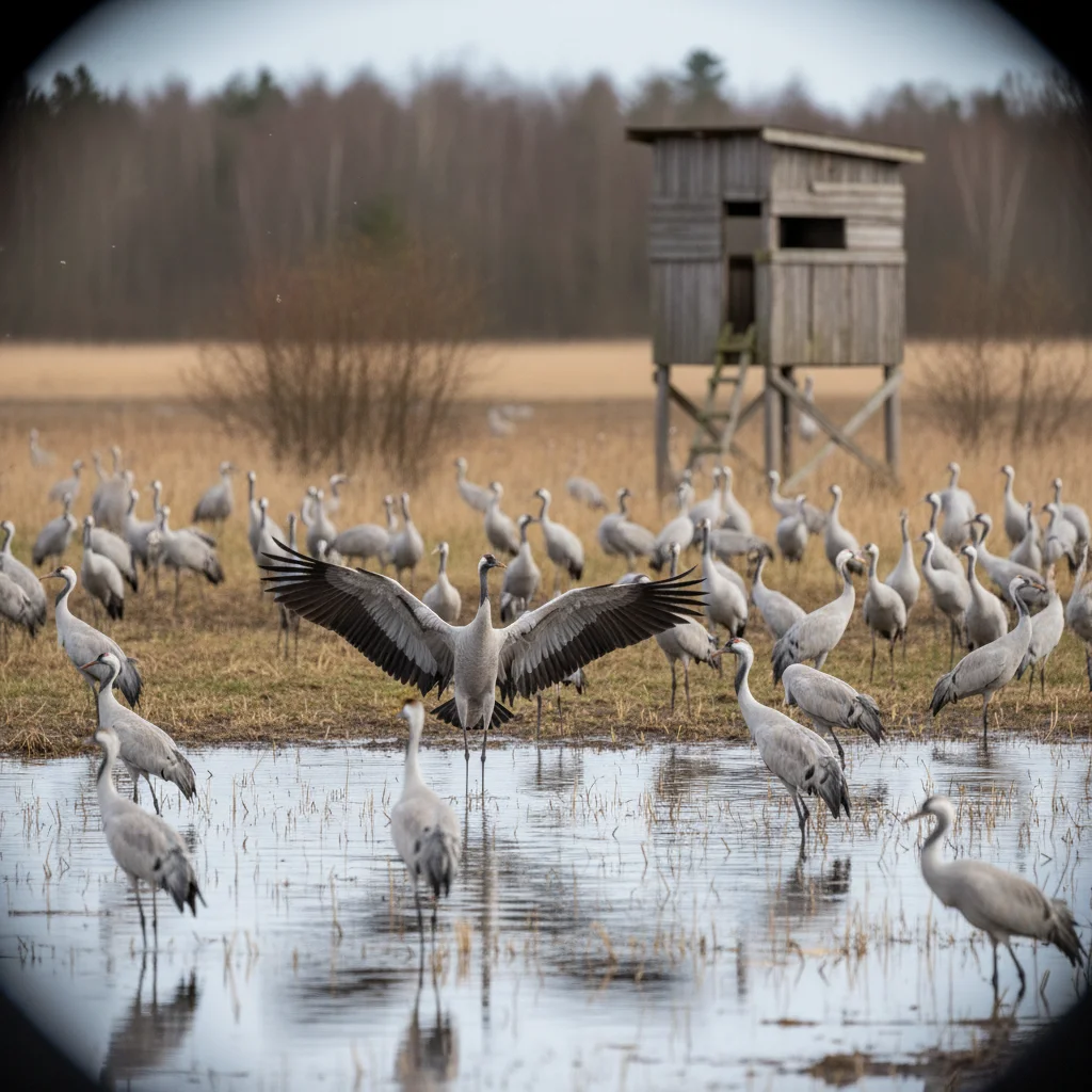 Tausende Kraniche auf Feldern am Hornborgasjön in Västergötland während des Frühjahrszuges