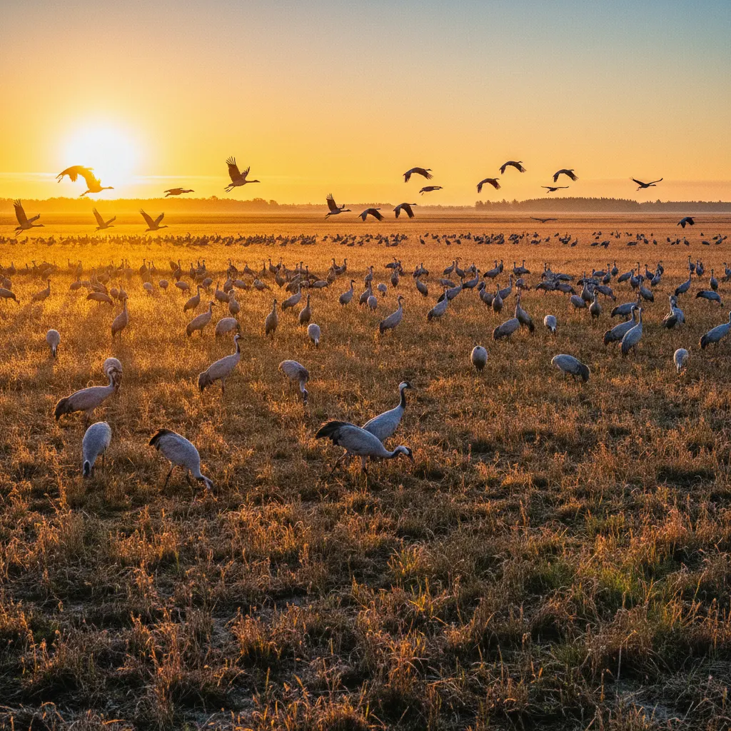 Große Gruppe von Kranichen auf einem Feld am Hornborgasjön in Schweden bei Sonnenaufgang