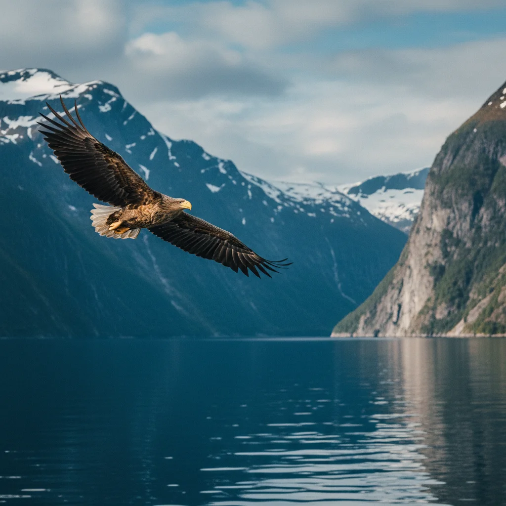 Seeadler im Flug über einem norwegischen Fjord mit ausgebreiteten Schwingen und gespreizten Federn