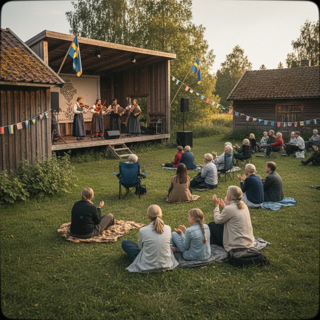 Schwedisches Folkmusik-Festival im Sommer mit Publikum auf einer Wiese